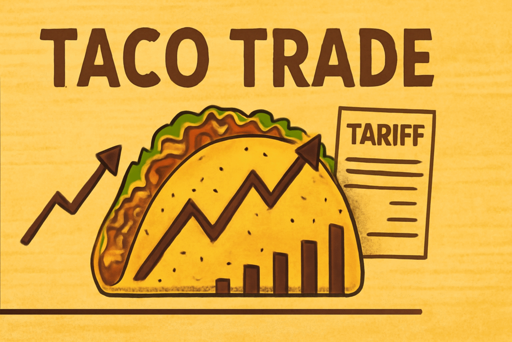 TACO trade concept combining taco, stock chart, and tariff icons.