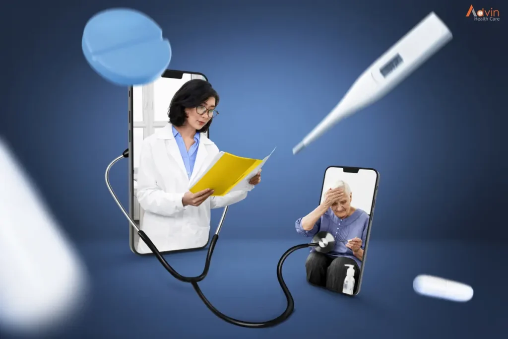 Telemedicine concept showing a doctor and patient connected via smartphones and a stethoscope, symbolizing digital healthcare innovation 