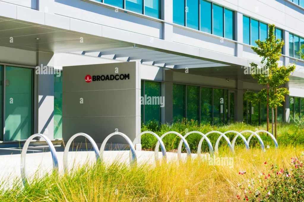 The exterior of Broadcom's headquarters building with the company logo prominently displayed