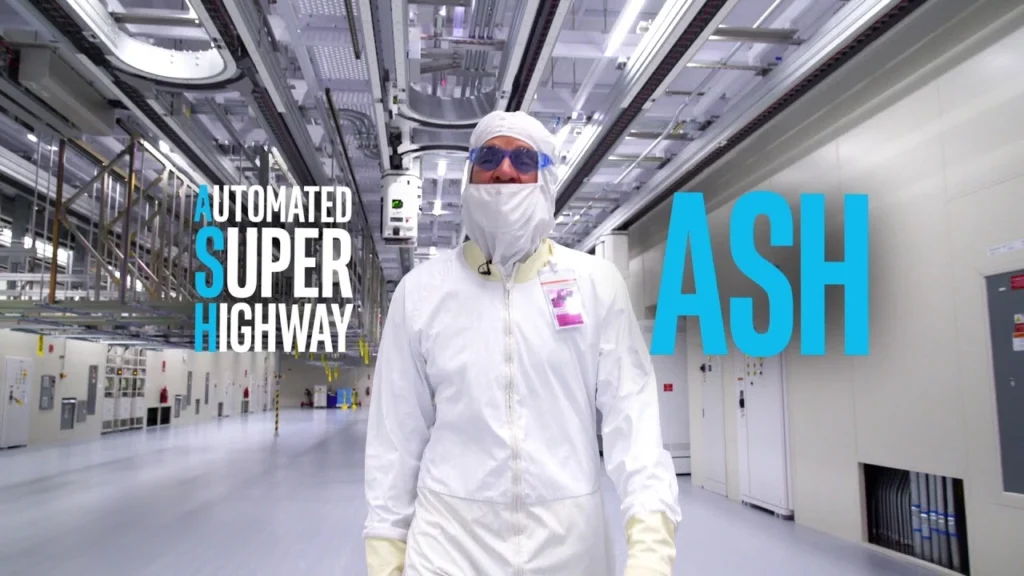 Inside Intel's state-of-the-art semiconductor fabrication facility showcasing advanced automated processes called 'Automated Super Highway' (ASH) 