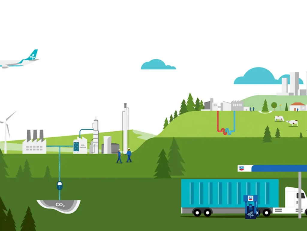 Illustration of Chevron's renewable energy projects showcasing carbon capture, hydrogen, and clean energy infrastructure 