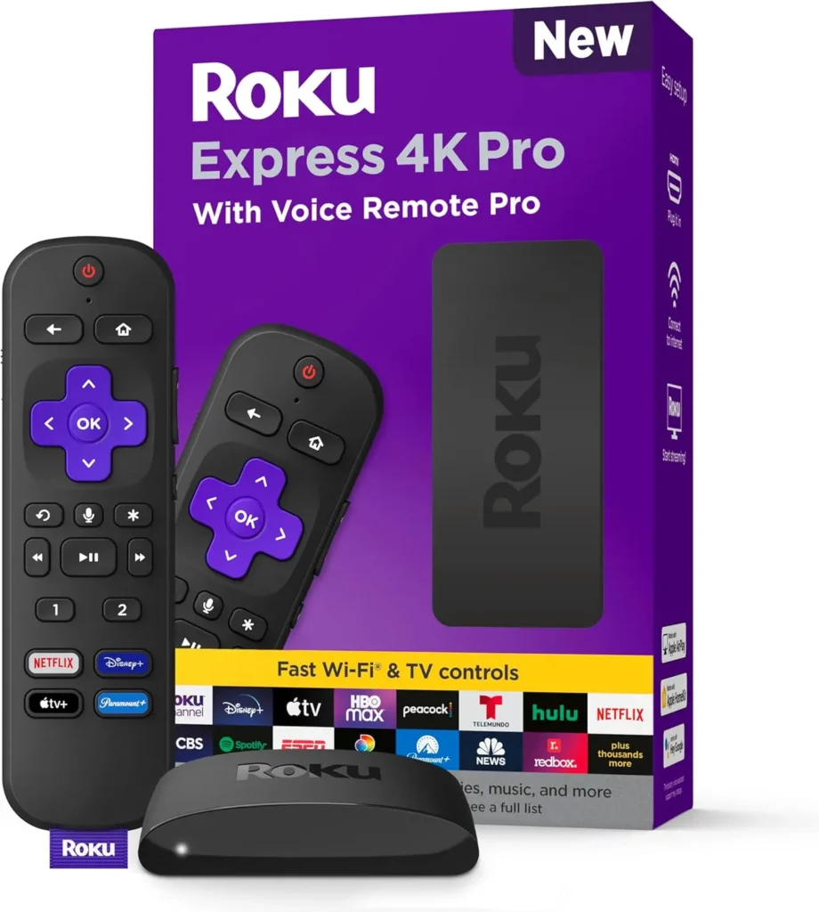 Roku Express 4K Pro streaming device and Voice Remote Pro showcasing popular streaming service controls and compact design ubuy.co
