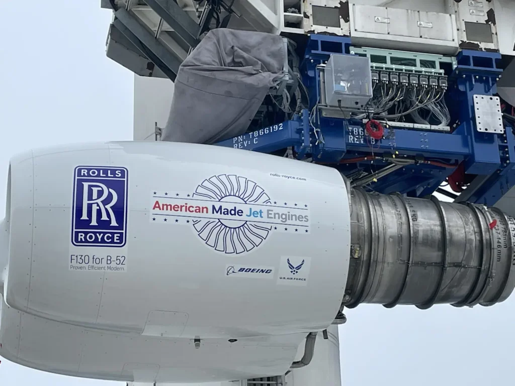 Close-up of Rolls-Royce F130 jet engine for B-52 bomber, highlighting American aerospace technology and collaboration with Boeing and U.S. Air Force 