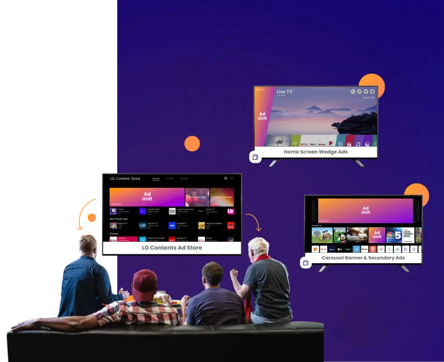Examples of connected TV ad placements including home screen wedge, ad store, and carousel banner ads on LG smart TVs arabyads