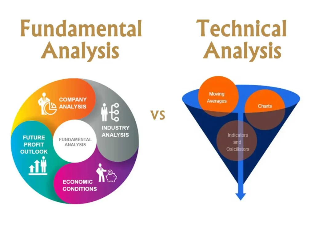 Illustration contrasting fundamental analysis elements with technical analysis tools used in stock market evaluation stockphoenix