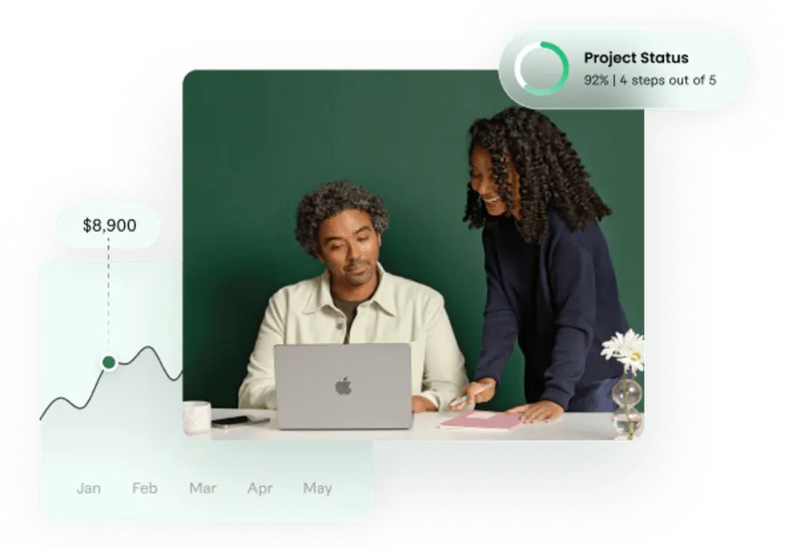 Two professionals collaborating with laptop and project progress visuals illustrating freelance work and financial tracking 