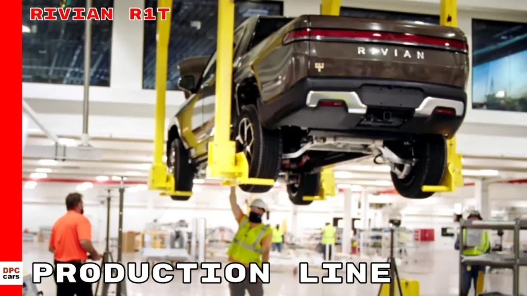 Rivian R1T electric pickup truck on the production line showing active manufacturing processes 