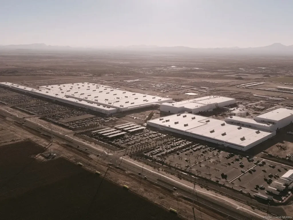 Aerial view of Lucid Motors' expansive manufacturing facility in Arizona showcasing its large-scale production capability