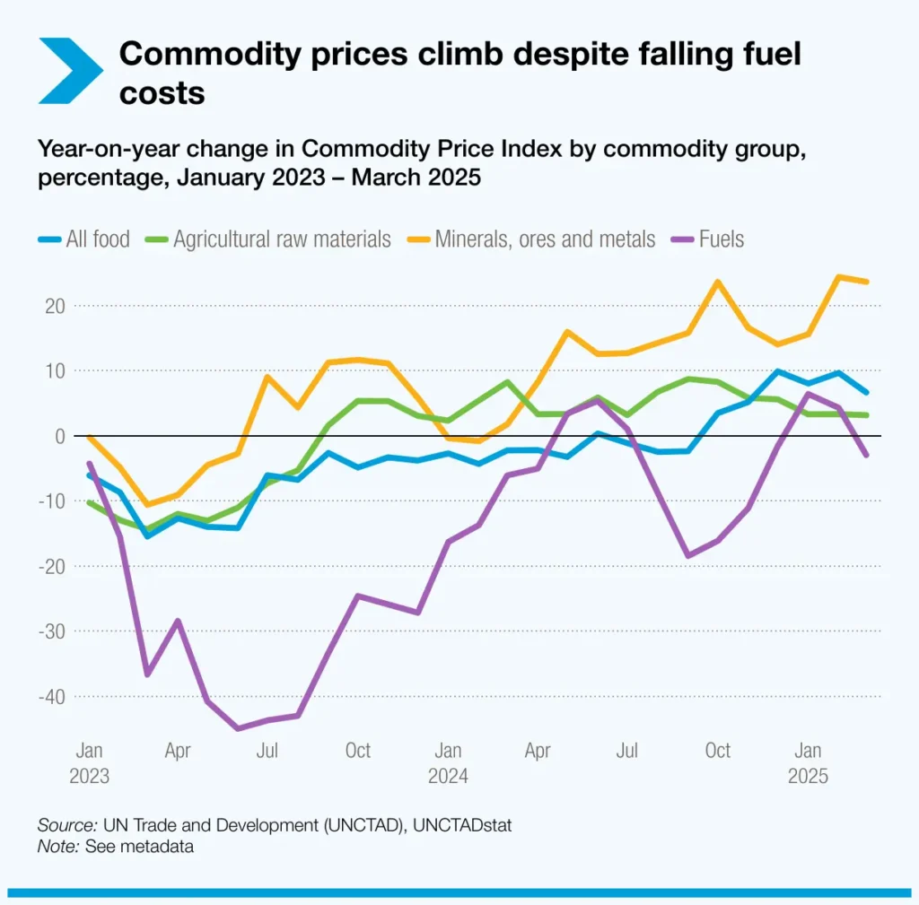 Year-on-year percentage change in commodity prices from January 2023 to March 2025, highlighting steady increases in minerals, ores, and metals prices