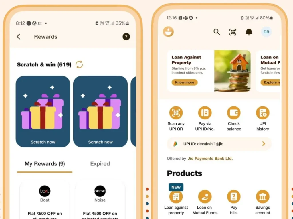 Jio Finance app interface showing rewards and key financial services like loans, payments, and UPI transactions 