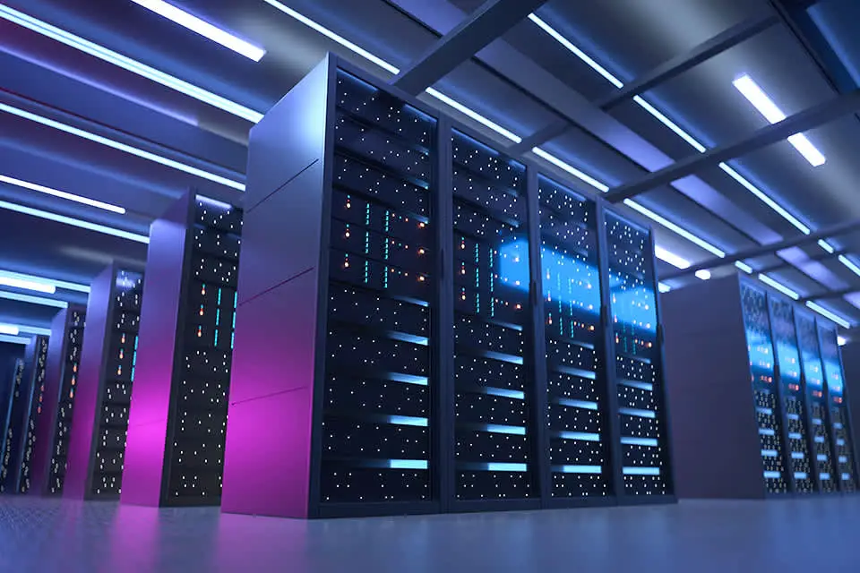 Modern data center with server racks representing AWS cloud infrastructure