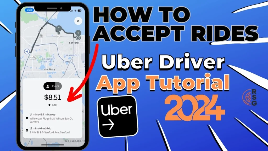 Screenshot of the Uber Driver app showing a ride request and fare details in a 2024 tutorial graphic 