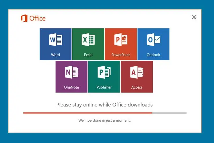 Microsoft Office 365 Home interface showing the download progress of major Office applications like Word, Excel, and PowerPoint