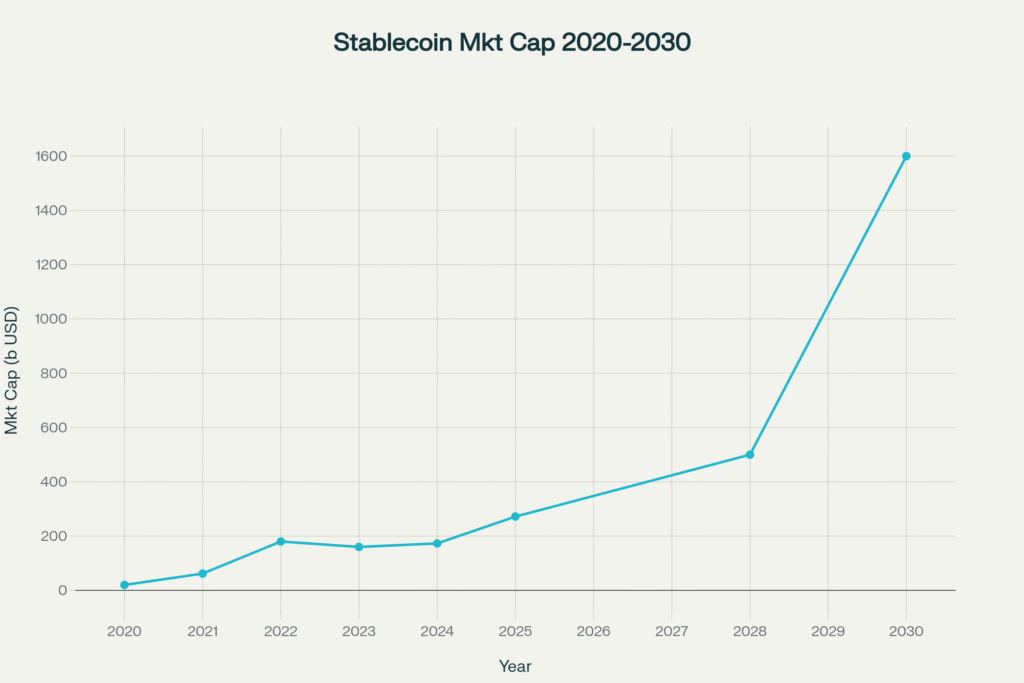 Stablecoin market capitalization actual and projected (2020-2030)