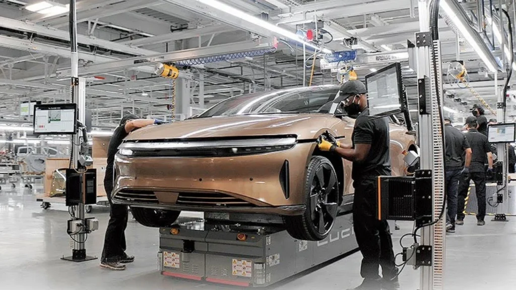 Inside Lucid Motors' advanced factory in Arizona showcasing the assembly process of their luxury electric vehicle 