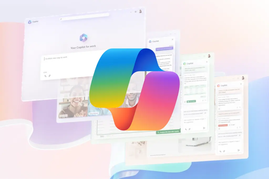 Microsoft Copilot AI assistant interface displaying integrated productivity features with a colorful Copilot logo