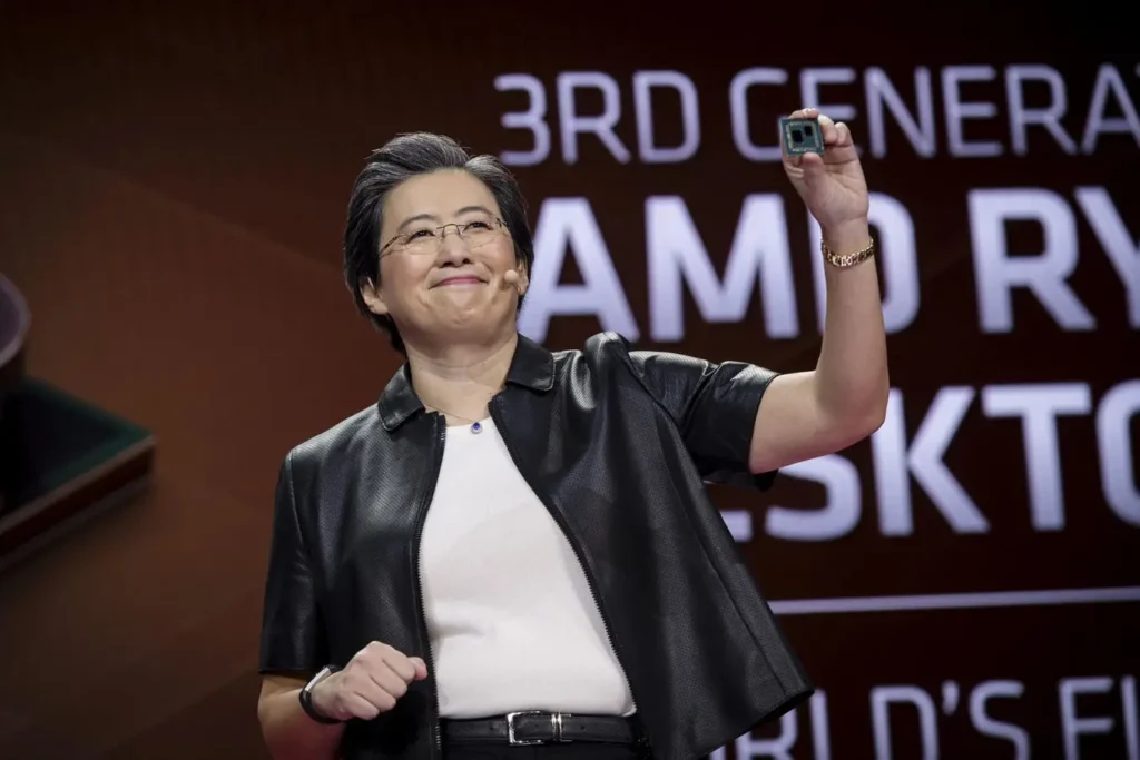 AMD CEO Dr. Lisa Su presenting the 3rd generation AMD Ryzen desktop processor at a tech event forbes