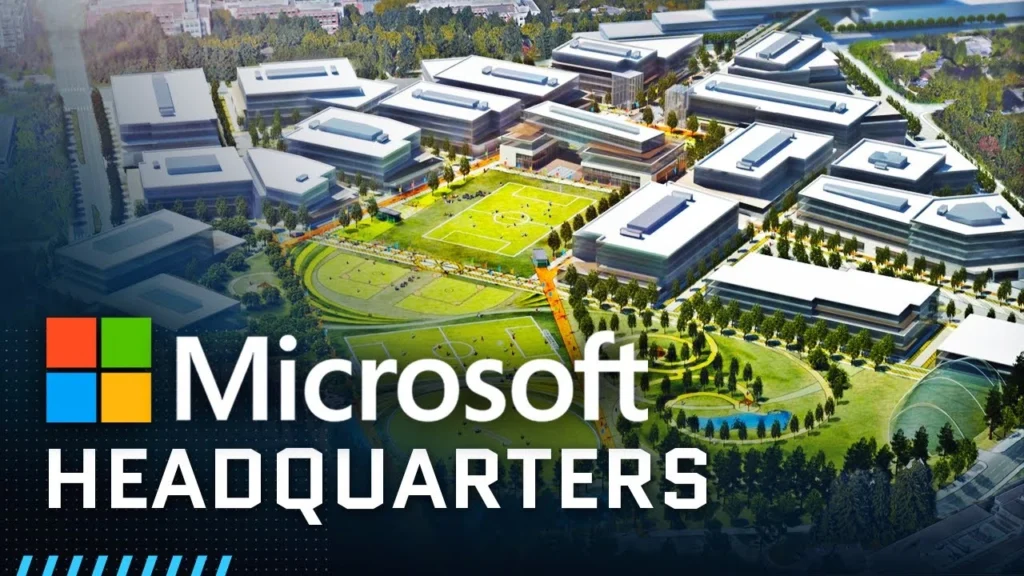 Aerial view rendering of Microsoft's corporate headquarters campus with multiple office buildings and green spaces 