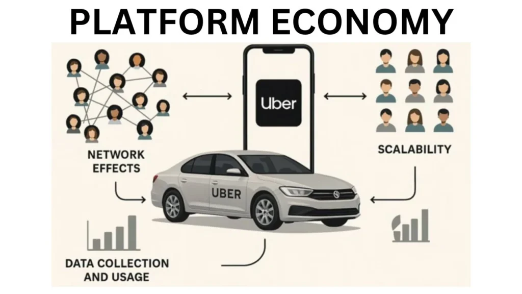 Uber's platform economy explained through network effects, scalability, and data utilization 