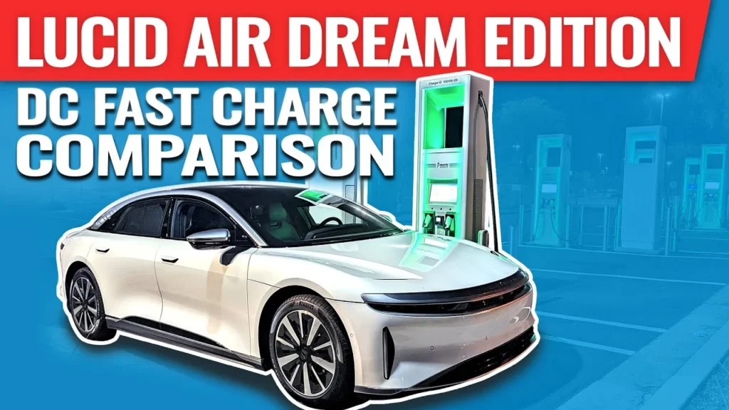 Lucid Air Dream Edition electric car showcased alongside DC fast charging station highlighting charging capabilities 