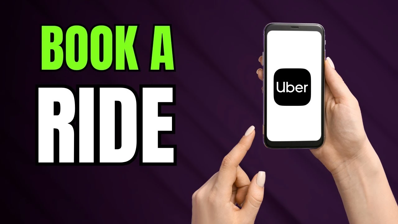 A person holding a smartphone showing the Uber app logo with a message to book a ride 