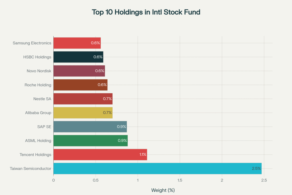 Bar chart showing the top 10 stock holdings in the international fund with their respective weight percentages