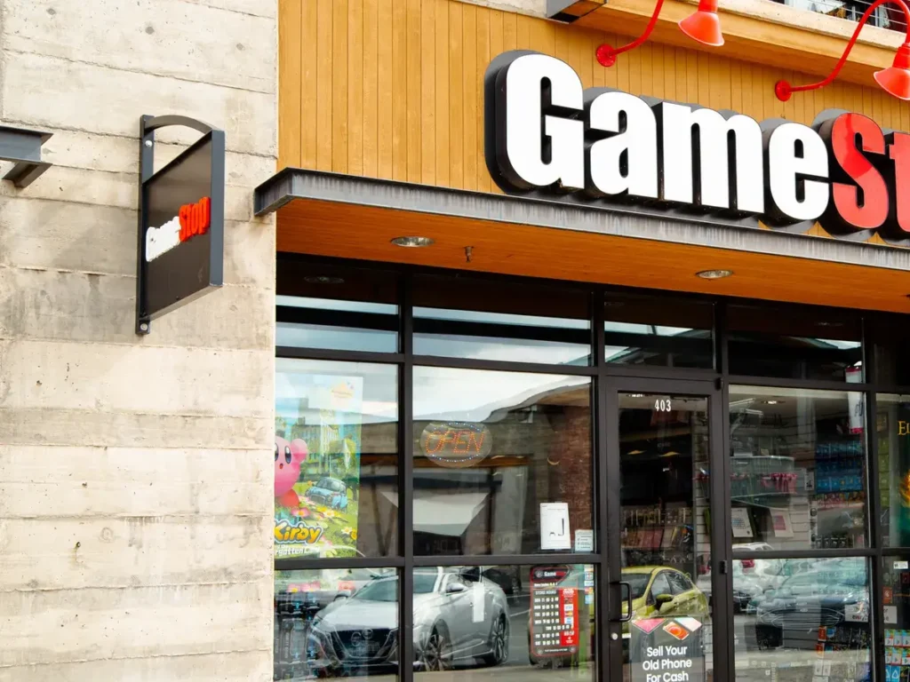 The exterior of a GameStop store showcasing the brand's retail presence in gaming electronics and software 