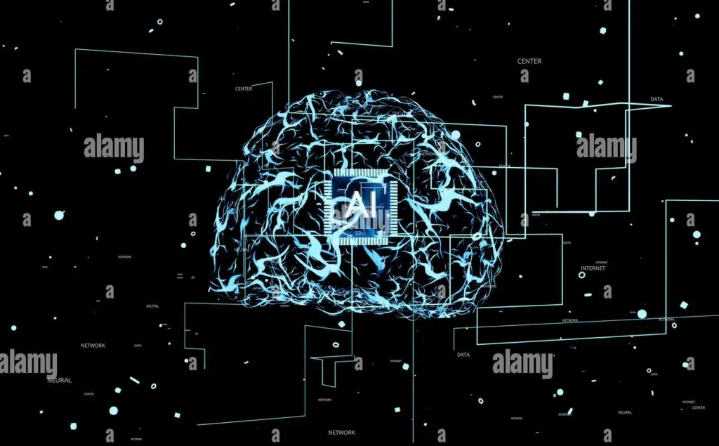 Digital brain visualization with AI microchip illustrating artificial intelligence and data networks 