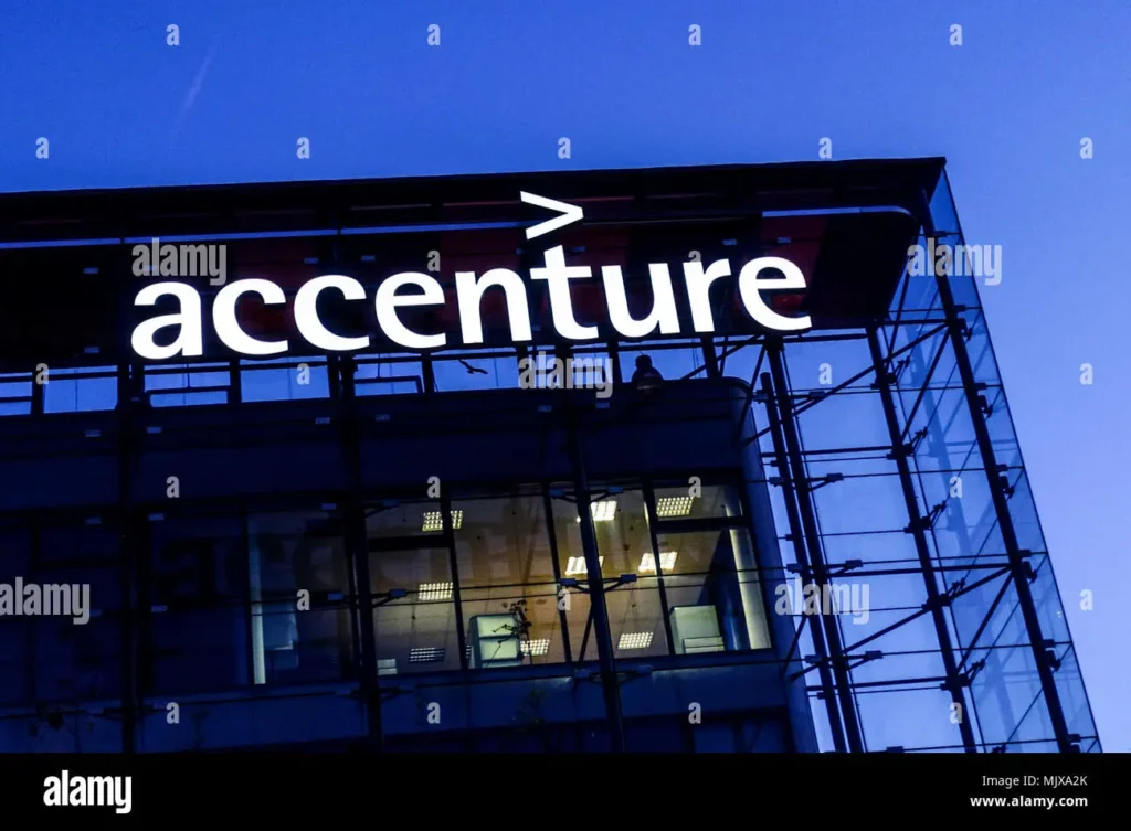 Accenture's illuminated logo on a modern office building glass facade at dusk 