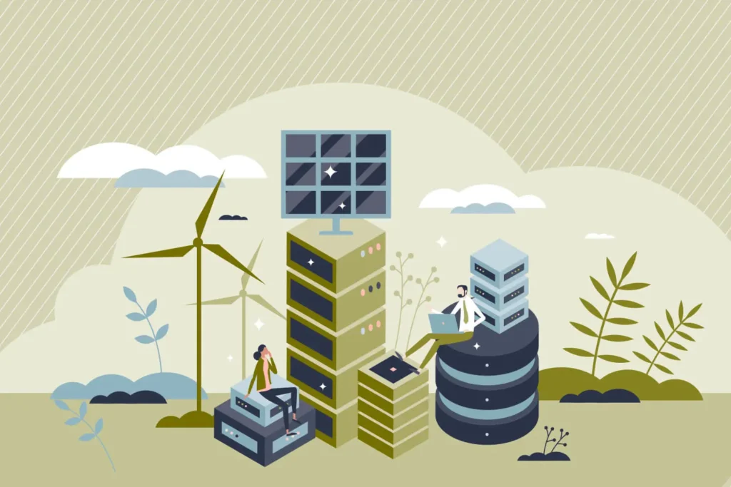 Illustration of a data center facility powered by renewable energy with wind turbines and server racks 
