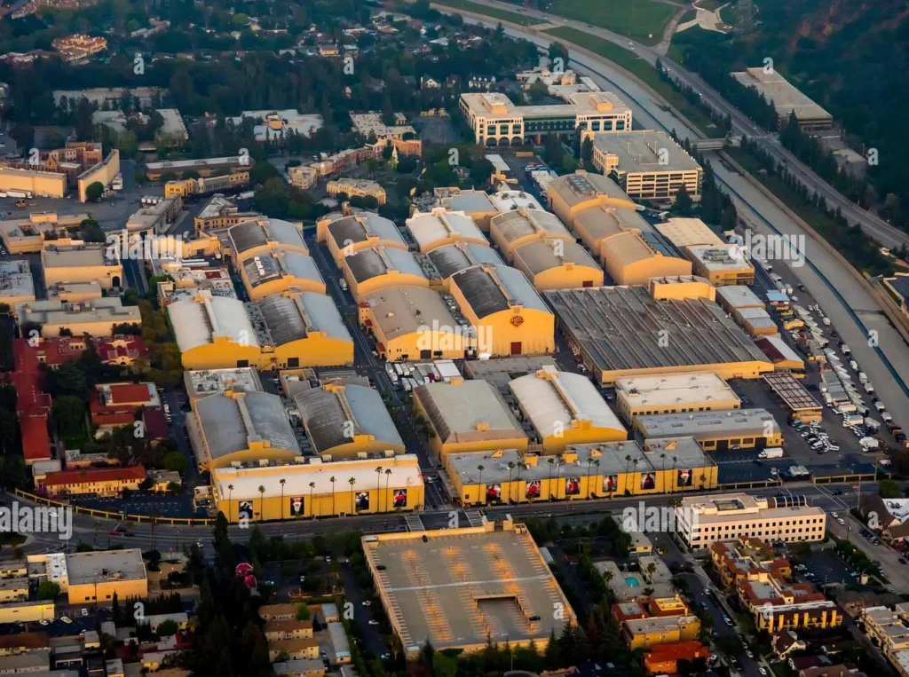 Aerial view of Warner Bros. Studios lot showcasing multiple sound stages and production facilities in Studio City, California 