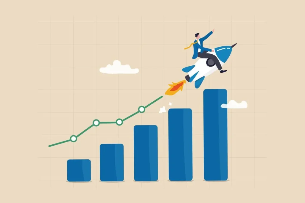Illustration of business growth showing a rising bar chart and a businessman riding a rocket symbolizing rapid financial success