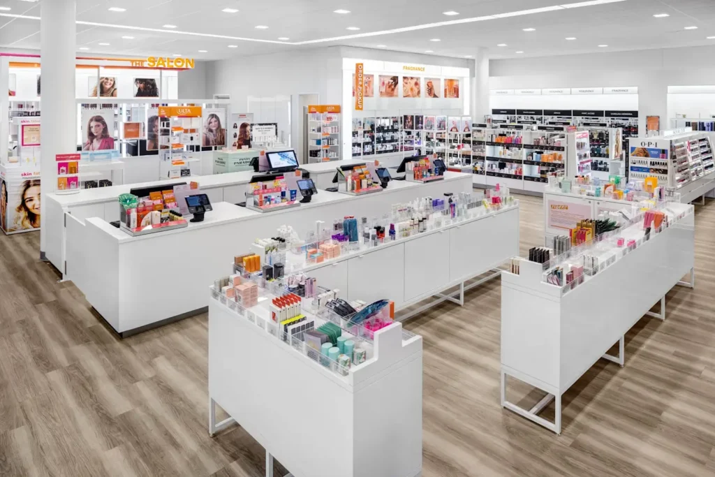 Interior view of an Ulta Beauty store showcasing its organized layout and diverse range of beauty products, including skincare, makeup, and fragrances