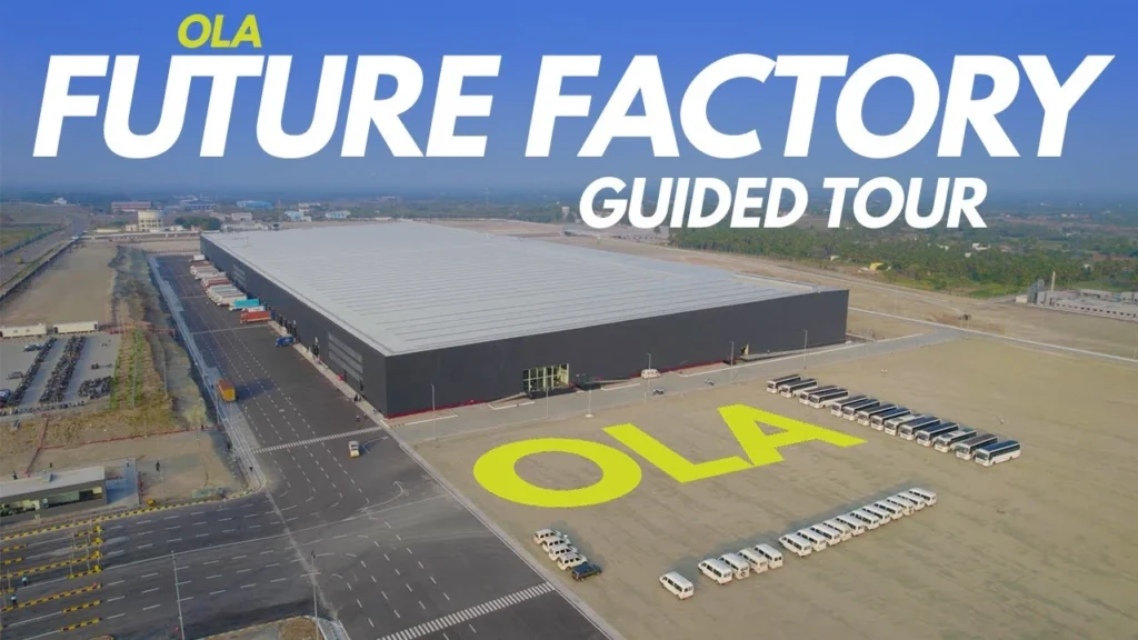 Aerial view of Ola Electric's massive Future Factory showcasing its scale and modern manufacturing facility 