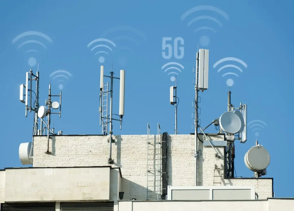5G wireless antennas on a rooftop illustrating modern telecommunications infrastructure 