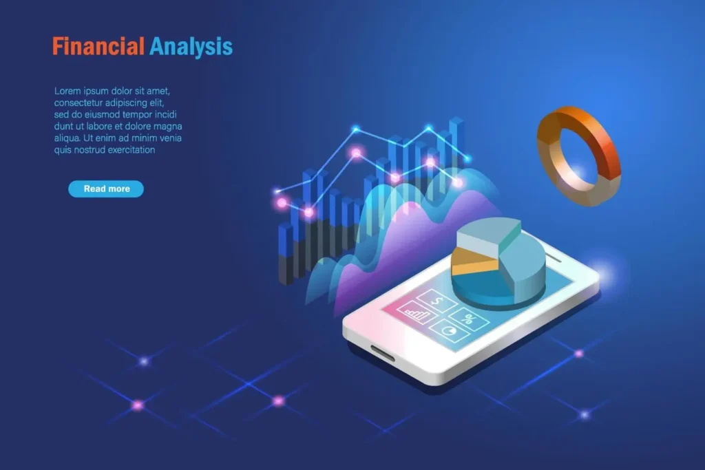 Financial analysis visualization featuring 3D charts and graphs displayed on a smartphone screen with an informative text section 