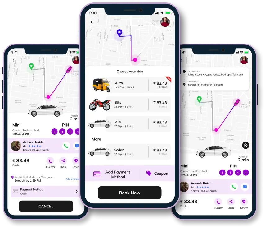 Rideshare app interface showing ride options, route map, driver details, and payment choices 