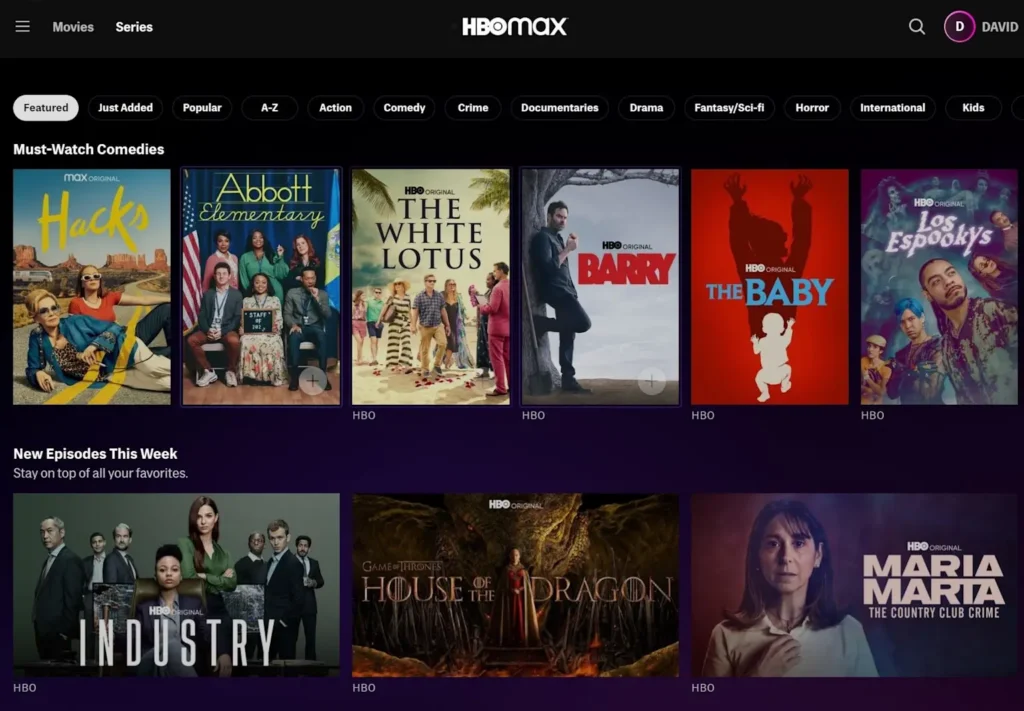 Screenshot of the HBO Max series catalog showcasing popular new and must-watch shows under various genres 