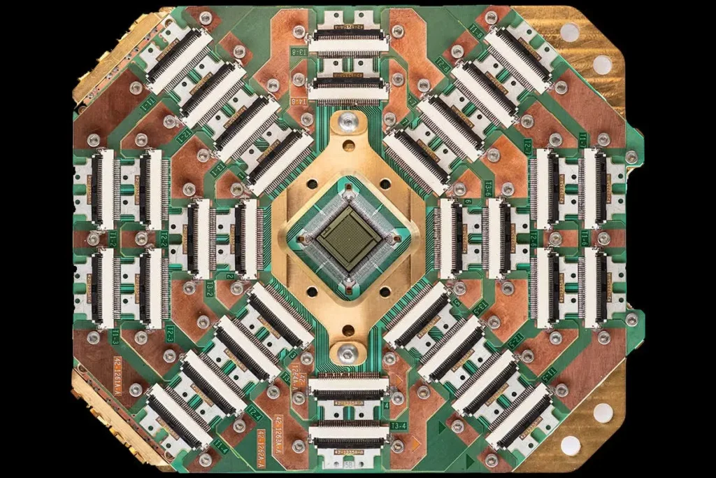 D-Wave Advantage quantum processor showcasing intricate quantum computing hardware architecture 