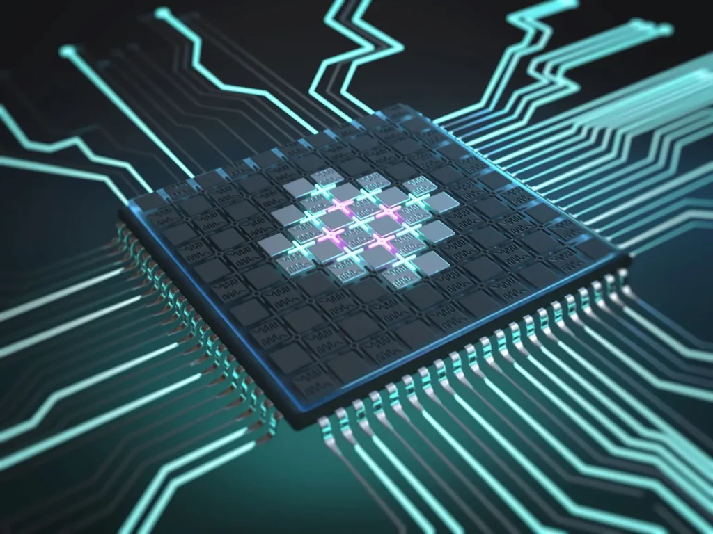 Close-up of a quantum computing chip featuring highlighted superconducting qubits and their connections 