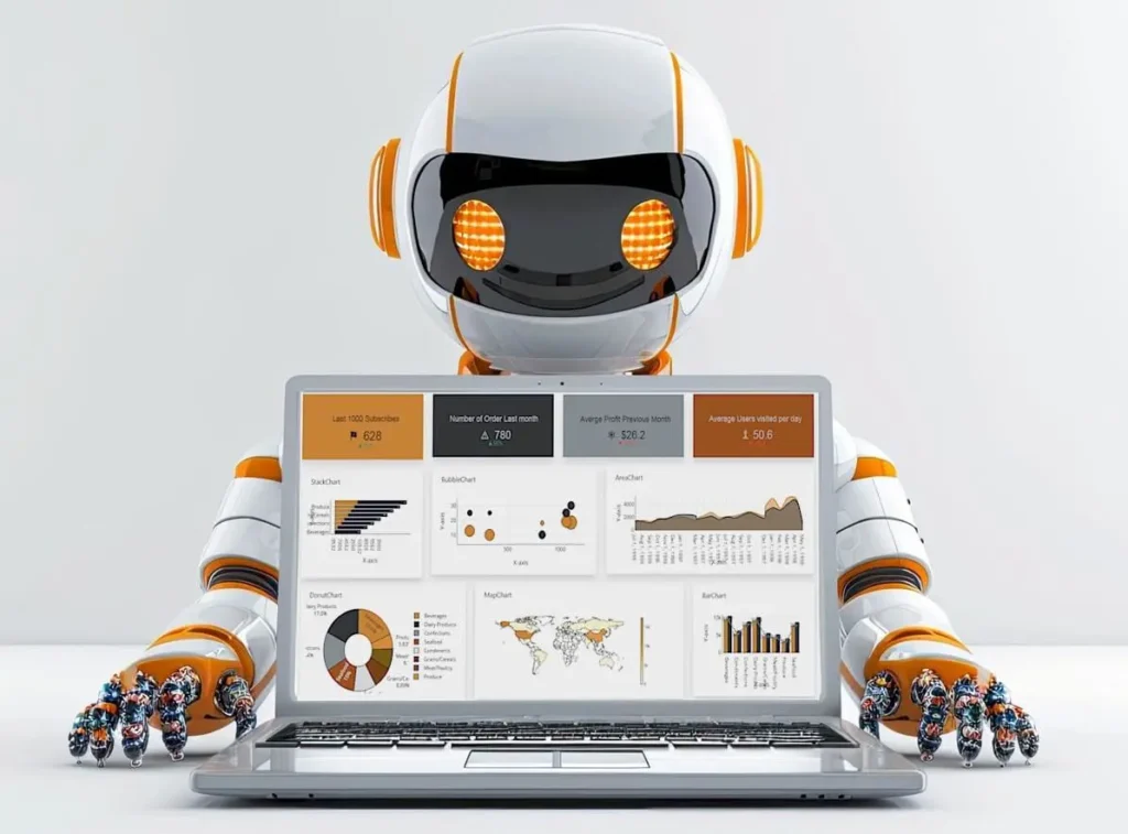 A futuristic robot presenting an AI-powered data analytics dashboard with various charts and key performance metrics on a laptop screen 