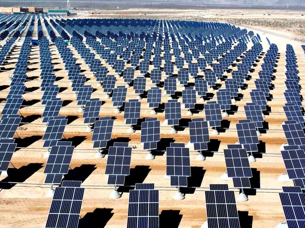 A vast solar power farm in Nevada capturing sunlight to generate renewable energy 
