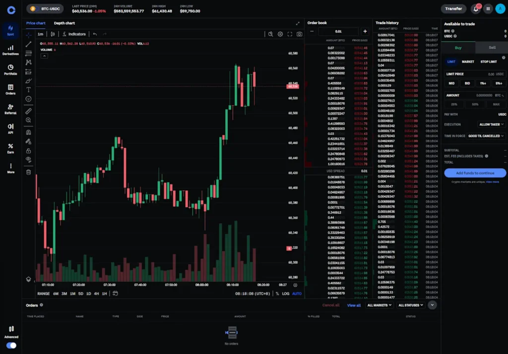 Coinbase trading interface showing BTC-USDC price chart, order book, and trade history for detailed market analysis