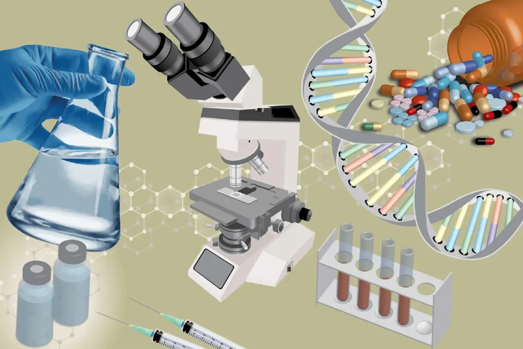 Illustration showing pharmaceutical research with lab experiments, DNA analysis, microscope use, and drug development 