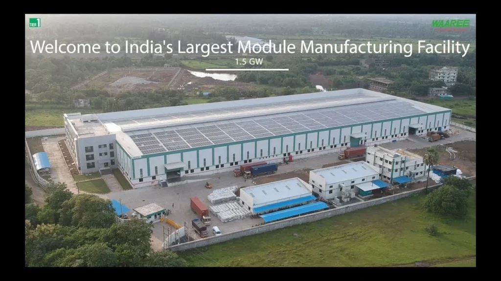 Aerial view of Waaree Energies' large-scale solar module manufacturing facility with a 1.5 GW capacity in India