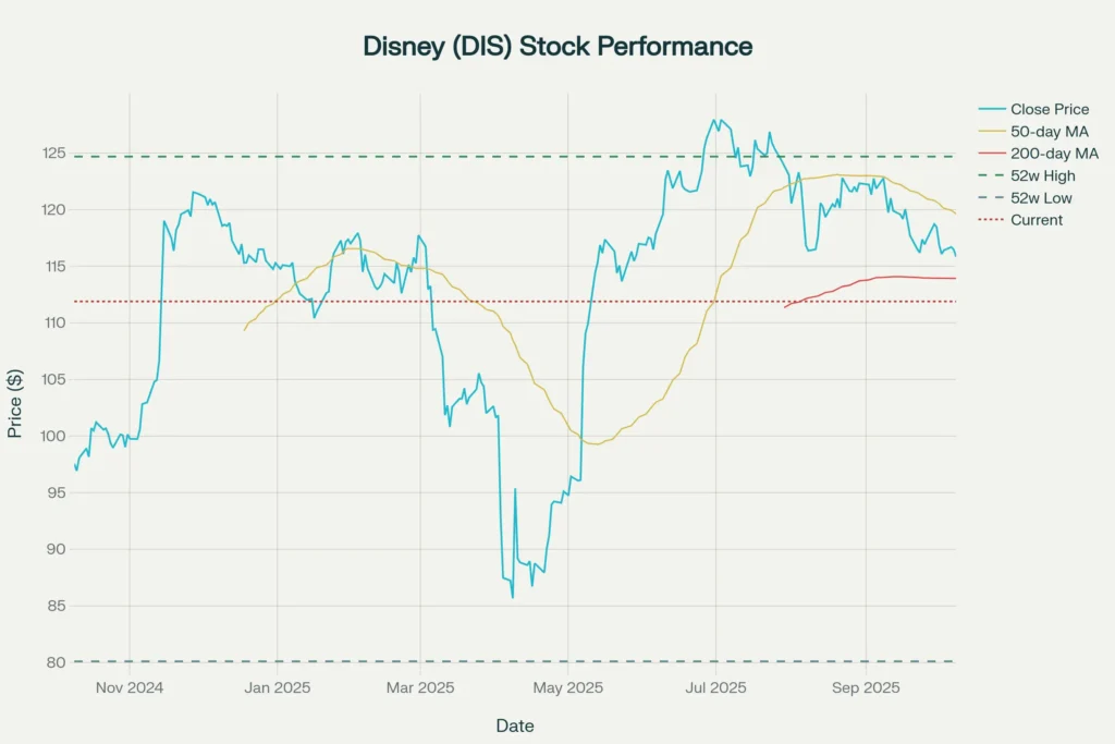 Disney stock price chart showing 1-year performance with moving averages and volume