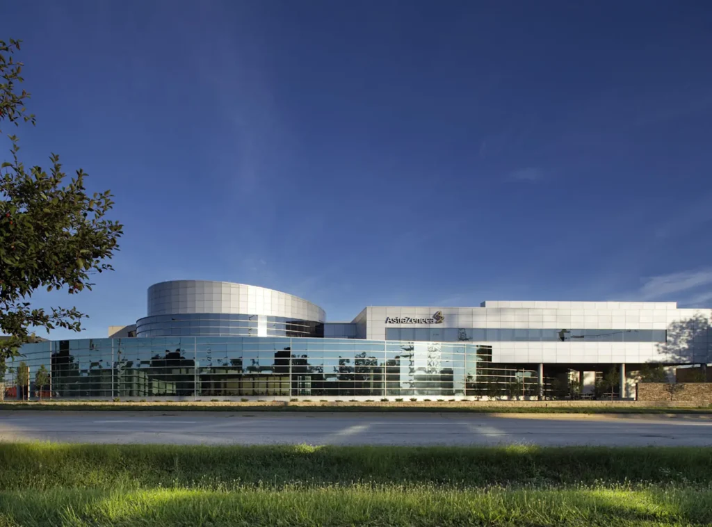 AstraZeneca (AZN) headquarters building with a contemporary design and reflective glass facade 