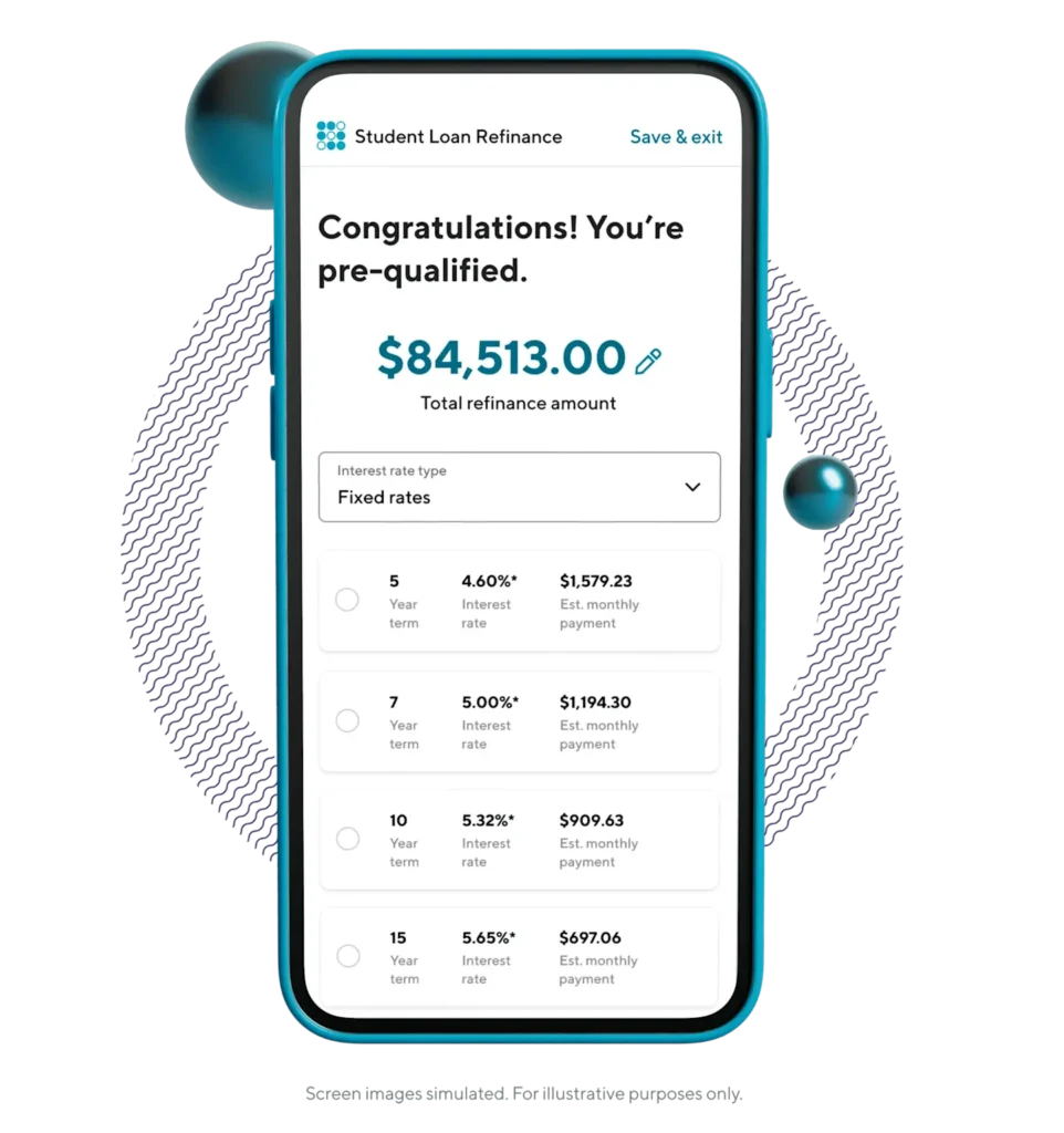 Mobile app interface showing a pre-qualified student loan refinancing offer with fixed interest rates and loan terms 