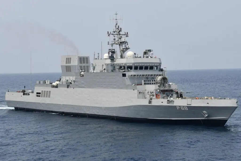 GRSE-launched anti-submarine warfare corvette P68 sailing on the sea, showcasing advanced naval technology 