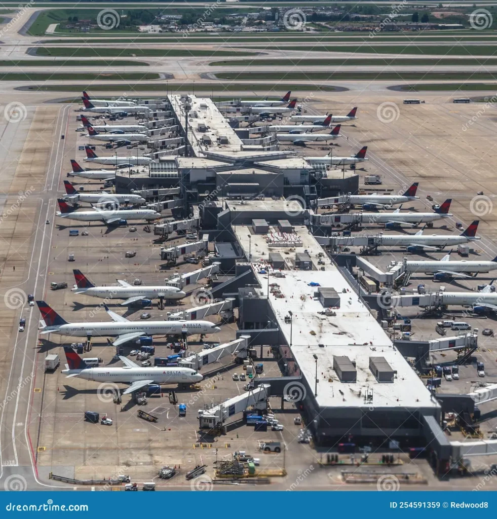 Aerial view of Delta Airlines hub at Atlanta-Hartsfield Jackson Airport showcasing numerous parked Delta planes and terminal infrastructure 